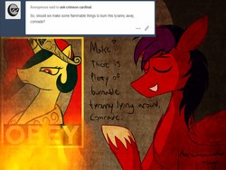 Size: 1280x960 | Tagged: safe, artist:msdrago, oc, oc only, oc:crimson cardinal, pony, ask, fire, male, solo, tumblr
