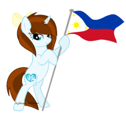 Size: 600x584 | Tagged: safe, artist:xylenneisnotamazing, oc, oc only, oc:diamante, pony, unicorn, bipedal, bipedal leaning, female, flag, leaning, mare, philippines, simple background, solo, transparent background