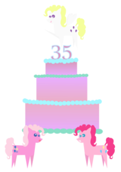 Size: 595x842 | Tagged: safe, artist:pwnypony db, pinkie pie, pinkie pie (g3), surprise, earth pony, pegasus, pony, g1, g3, g4, my little pony 'n friends, .svg available, 35th anniversary, cake, cutie mark, female, food, g1 to g4, g3 to g4, generation leap, generational ponidox, mare, pointy ponies, simple background, svg, transparent background, vector