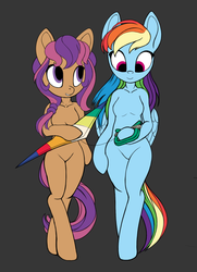 Size: 1271x1760 | Tagged: safe, artist:lunebat, rainbow dash, scootaloo (g3), earth pony, pegasus, anthro, semi-anthro, unguligrade anthro, g4, 35th anniversary, arm hooves, barbie doll anatomy, breasts, featureless breasts, featureless crotch, female, kite, looking at something, mare, simple background, smiling