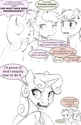 Size: 1280x1980 | Tagged: safe, artist:silfoe, apple bloom, scootaloo, sweetie belle, earth pony, pegasus, pony, unicorn, royal sketchbook, g4, comic, cutie mark crusaders, dialogue, eeyup, female, grammar error, monochrome, paranoia, simple background, speech bubble, this will end in tears and/or death and/or covered in tree sap, this will not end well, white background