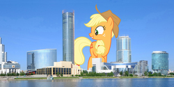 Size: 3500x1750 | Tagged: safe, artist:tardifice, artist:theotterpony, edit, applejack, earth pony, pony, g4, city, cowboy hat, freckles, giant pony, hat, highrise ponies, irl, macro, photo, ponies in real life, russia, stetson, water, yekaterinburg