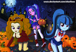 Size: 1288x877 | Tagged: safe, artist:charliexe, adagio dazzle, aria blaze, sonata dusk, devil, equestria girls, g4, adoragio, ariabetes, breasts, busty adagio dazzle, candy, cleavage, clothes, costume, crossover, cute, female, food, halloween, halloween costume, holiday, jack-o-lantern, juliet starling, lollipop, lollipop chainsaw, looking at you, night, pigtails, ponytail, pumpkin, pumpkin bucket, reaching, sailor moon (series), satan, shoes, sneakers, sonatabetes, stupid sexy adagio dazzle, the dazzlings, town, trick or treat, twintails