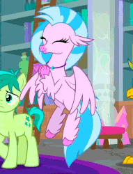 Size: 530x692 | Tagged: safe, screencap, gallus, sandbar, silverstream, classical hippogriff, earth pony, griffon, hippogriff, pony, g4, school raze, animated, clapping, colored hooves, cropped, cute, cutie mark, diastreamies, female, flying, gif, loop, male, solo focus, teenager, trio