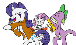 Size: 1000x600 | Tagged: safe, artist:aaron amethyst, rarity, spike, sweetie belle, dragon, pony, unicorn, g4, band, drums, eyes closed, microphone, musical instrument, piercing, rock band, saxophone, tongue piercing