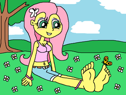 Size: 826x626 | Tagged: safe, anonymous artist, fluttershy, butterfly, equestria girls, g4, anklet, barefoot, belly button, blushing, bracelet, clothes, cloud, cute, eyeshadow, feet, female, grass, hairpin, jewelry, makeup, outdoors, shorts, sky, soles, tank top, toes, tree