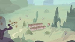 Size: 1440x809 | Tagged: safe, screencap, pony, g4, the cutie map, desert, our town, road, scenery, starlight's house, tiny, tiny ponies, tree, village