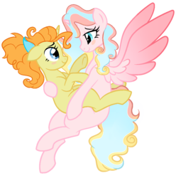 Size: 990x997 | Tagged: safe, artist:gr0ttie, princess flurry heart, pumpkin cake, alicorn, pony, unicorn, g4, alternate design, eye contact, female, holding a pony, lesbian, looking at each other, older, profile, ship:pumpkin heart, shipping, simple background, smiling, spread wings, story included, transparent background, wings