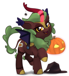 Size: 1671x1842 | Tagged: safe, alternate version, artist:lockhe4rt, cinder glow, summer flare, kirin, spider, g4, sounds of silence, background kirin, cloven hooves, cute, fake cutie mark, fake wings, fangs, female, fishnet stockings, halloween, hat, holiday, jack-o-lantern, kirinbetes, looking at you, open mouth, pumpkin, raised hoof, simple background, smiling, solo, transparent background, witch hat