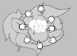 Size: 550x400 | Tagged: safe, anonymous artist, oc, oc:pillow case, pegasus, pony, 4chan, animated, boop, cookie clicker, cute, derp, disembodied hand, hand, monochrome, non-consensual booping, ponies in earth, ponytail, scrunchy face, vibrating
