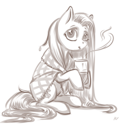 Size: 2000x2000 | Tagged: safe, artist:kovoranu, fluttershy, pegasus, pony, g4, blanket, chocolate, female, food, high res, hoof hold, hot chocolate, looking at you, looking sideways, mare, monochrome, mug, simple background, sitting, solo, three quarter view, wet mane, white background