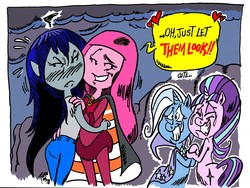Size: 1280x963 | Tagged: safe, artist:grotezco, starlight glimmer, trixie, g4, adventure time, annoyed, bubbline, crossover, crying, dialogue, floating heart, heart, implied lesbian, male, marceline, princess bubblegum, shipper on deck, smiling, starlight shipper, tears of joy