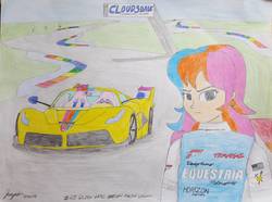 Size: 1788x1330 | Tagged: safe, artist:forzaveteranenigma, oc, oc only, oc:golden gates, fanfic:equestria motorsports, equestria girls, g4, babscon, babscon mascots, car, cloudsdale, cloudsdale international raceway, ferrari, ferrari fxx k, hypercar, laferrari, laferrari fxx-k, race track, racing suit, solo, supercar, traditional art