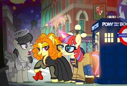 Size: 1000x684 | Tagged: safe, artist:pixelkitties, adagio dazzle, moondancer, octavia melody, pony, g4, doctor who, equestria girls ponified, jodie whittaker, kazumi evans, pixelkitties' brilliant autograph media artwork, police box, ponified, show accurate, sonic screwdriver, statue, tardis, thirteenth doctor, weeping angel