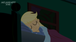 Size: 3999x2249 | Tagged: safe, artist:metalhead97, applejack, comic:applejack gets anal probed, equestria girls, g4, clothes, eyes closed, footed sleeper, high res, night, pajamas, show accurate, sleeping
