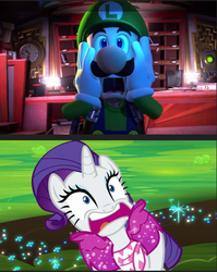 Size: 473x593 | Tagged: safe, edit, screencap, rarity, g4, the end in friend, boots, comparison, glitter boots, luigi, luigi's mansion, luigi's mansion 3, male, marshmelodrama, nintendo, open mouth, poltergust g-00, screaming, shoes, super mario bros.
