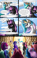 Size: 811x1280 | Tagged: safe, artist:masterofintrigue, princess celestia, oc, oc:silver shield, comic:apocalyponies, g4, comic, rebellion