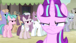 Size: 1440x810 | Tagged: safe, screencap, amethyst skim, double diamond, dusk drift, flower flight, moon dust, night glider, party favor, starlight glimmer, sugar belle, pegasus, pony, unicorn, g4, the cutie map, angry, apron, aside glance, clothes, equal cutie mark, equalized, equalized mane, female, male, mare, s5 starlight, scowl, stallion