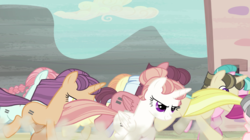 Size: 1440x809 | Tagged: safe, screencap, amber tresses, amethyst skim, cloud brûlée, currant dust, flower flight, ivy vine, magnolia blush, mocha almond, alicorn, pony, g4, season 5, the cutie map, alicornified, animation error, background pony, brûléecorn, dust, equal cutie mark, equalized, equalized mane, female, great moments in animation, hair bun, mare, narrowed eyes, race swap, species swap, spot the alicorn, stampede, unnamed character, unnamed pony