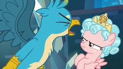 Size: 1280x720 | Tagged: safe, screencap, cozy glow, gallus, griffon, pegasus, pony, g4, school raze, angry, chest fluff, cozy glow is not amused, crown, eyes closed, female, filly, foal, jewelry, male, regalia, spread wings, wings, yelling