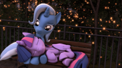 Size: 3840x2160 | Tagged: safe, artist:xppp1n, trixie, twilight sparkle, alicorn, pony, g4, 3d, bench, female, high res, lesbian, ship:twixie, shipping, source filmmaker, tree, twilight sparkle (alicorn)