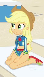 Size: 451x785 | Tagged: safe, screencap, applejack, equestria girls, equestria girls specials, g4, my little pony equestria girls: better together, my little pony equestria girls: forgotten friendship, apple, applebucking thighs, applejack's hat, beach, beach towel, clothes, cowboy hat, cropped, cute, female, food, freckles, frown, geode of super strength, hat, jackabetes, jewelry, legs, magical geodes, midriff, necklace, outdoors, sandals, solo, swimsuit, teenager