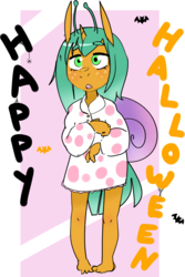 Size: 1280x1917 | Tagged: safe, artist:kryptchild, snails, bat, snail, spider, anthro, g4, antennae, barefoot, blushing, clothes, costume, crossdressing, cute, dress, eyeliner, feet, freckles, glitter shell, halloween, holiday, makeup, male, mascara, open mouth, shell, simple background, snail's house, solo, trap