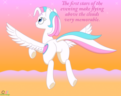 Size: 1095x872 | Tagged: safe, artist:oddymcstrange, star catcher, pony, g3, g4, butt, cloud, cute, dialogue, female, flying, g3 to g4, g3betes, generation leap, mare, plot, smiling, solo, spread wings, stars, sunset, underhoof, wings