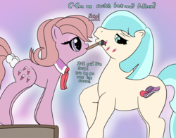 Size: 3920x3080 | Tagged: safe, artist:undisputed, coco pommel, lickety-split, g1, g4, 35th anniversary, body swap, colored, cutie mark, dialogue, duo, high res, mouth hold, muffled words, paintbrush, painting