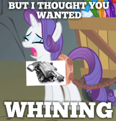 Size: 1079x1124 | Tagged: safe, edit, edited screencap, screencap, rarity, pony, a dog and pony show, g4, car, car parts, cropped, female, pun, roots supercharger, solo, supercharger, whining