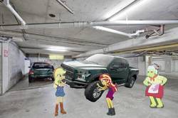 Size: 1079x718 | Tagged: safe, artist:forzaveteranenigma, edit, applejack, granny smith, sunset shimmer, driving miss shimmer, driving miss shimmer: applejack, equestria girls, g4, my little pony equestria girls: better together, 1000 years in photoshop, apple-jack, car, fix, ford, ford f-150, ford f-150 raptor, garage, irl, parking garage, photo, ratchet wrench, why