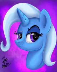 Size: 1638x2048 | Tagged: safe, artist:kazzysart, trixie, pony, g4, bust, female, portrait, purple background, raised eyebrow, signature, simple background, smiling, smirk, solo