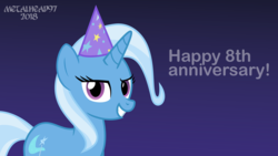 Size: 3999x2249 | Tagged: safe, artist:metalhead97, trixie, pony, unicorn, g4, anniversary, female, happy birthday mlp:fim, high res, looking at you, mlp fim's eighth anniversary, show accurate, solo