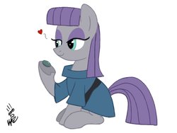 Size: 2048x1536 | Tagged: safe, artist:kazzysart, boulder (g4), maud pie, earth pony, pony, g4, female, floating heart, heart, lidded eyes, signature, simple background, smiling, solo, when she smiles, white background