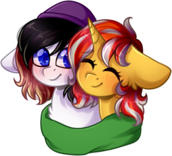 Size: 1876x1698 | Tagged: dead source, safe, artist:grapegrass, oc, oc only, oc:cinderheart, oc:rory gigabyte, pegasus, pony, unicorn, accessory, beanie, blushing, bust, chest fluff, clothes, colored pupils, cute, eyes closed, female, hat, male, mare, missing accessory, nuzzling, oc x oc, ocbetes, scarf, shading, shared clothing, shared scarf, shipping, simple background, smiling, stallion, straight, transparent background, ych result