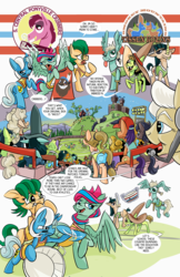 Size: 6600x10200 | Tagged: safe, artist:lytlethelemur, big daddy mccolt, ma hooffield, oc, oc:champion, oc:gimbal lock, oc:nutmeg, bison, buffalo, earth pony, pegasus, pony, unicorn, comic:ponies in the outfield, g4, absurd resolution, buckball, bucket, butt, clothes, comic, female, hooffield family, inbred, mare, mccolt family, plot, tank top, washington redskins