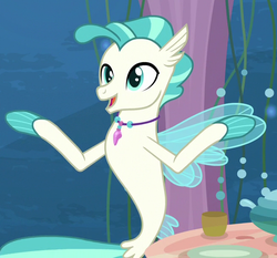 Size: 658x614 | Tagged: safe, screencap, terramar, seapony (g4), g4, surf and/or turf, blue eyes, blue mane, blue tail, bubble, cropped, cup, dishes, dorsal fin, fin, fin wings, fins, fish tail, floppy ears, flowing mane, flowing tail, happy, jewelry, male, necklace, ocean, open mouth, open smile, seaquestria, seaweed, smiling, solo, swimming, table, tail, teacup, teapot, underwater, water, wings