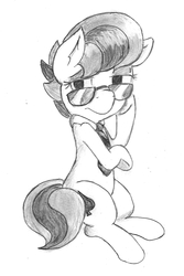 Size: 1000x1493 | Tagged: safe, artist:spackle, derpibooru exclusive, oc, oc only, oc:aces high, earth pony, pony, crossed hooves, female, frown, lidded eyes, looking at you, mare, monochrome, necktie, sitting, solo, sunglasses, traditional art