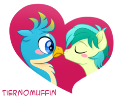 Size: 1723x1401 | Tagged: safe, artist:ryuyo, gallus, sandbar, earth pony, griffon, pony, g4, blushing, eyes closed, gay, heart, interspecies, kissing, male, movie accurate, ship:gallbar, shipping, simple background, teenager, white background