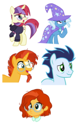Size: 2000x3142 | Tagged: safe, artist:ryuyo, moondancer, soarin', sunburst, trixie, pegasus, pony, unicorn, equestria girls, g4, alternate hairstyle, alternate universe, beard, cape, clothes, equestria girls-ified, facial hair, female, glasses, hat, high res, male, mare, messy mane, open mouth, simple background, smiling, stallion, sweater, transparent background, trixie's cape, trixie's hat