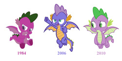 Size: 1000x500 | Tagged: safe, color edit, edit, master kenbroath gilspotten heathspike, spike, spike (g1), dragon, g1, g3, g4, molt down, 1984, 2006, 2010, 35th anniversary, colored, g1 to g4, g3 to g4, generation leap, generational dragondox, male, photoshop, simple background, trio, white background, winged spike, wings
