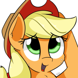 Size: 2362x2362 | Tagged: safe, artist:taurson, applejack, earth pony, pony, g4, applejack day, bashful, cowboy hat, female, freckles, green eyes, hat, high res, looking up, open mouth, simple background, solo, stetson, white background