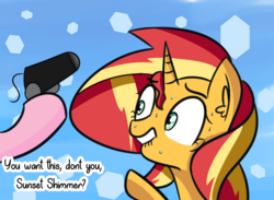 Size: 2381x1740 | Tagged: safe, artist:artiks, pinkie pie, sunset shimmer, earth pony, pony, unicorn, g4, abstract background, cannon, dialogue, female, lip bite, mare, pun, sweat, visual pun