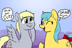 Size: 3000x2000 | Tagged: safe, artist:tacodeltaco, derpibooru exclusive, bubbles (g1), derpy hooves, g4, 35th anniversary, bow, coat markings, facial markings, high res, looking at each other, star (coat marking), tail bow