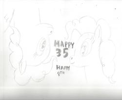 Size: 2084x1700 | Tagged: safe, artist:thunderdasher07, pinkie pie, surprise, earth pony, pegasus, pony, g1, g4, 35th anniversary, anniversary art, black and white, female, g1 to g4, generation leap, generational ponidox, grayscale, happy birthday mlp:fim, jpg, mare, mlp fim's eighth anniversary, monochrome, pencil drawing, sketch, traditional art