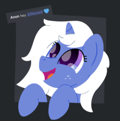 Size: 963x974 | Tagged: safe, artist:phat_guy, derpibooru exclusive, oc, oc only, oc:discord, pony, unicorn, cute, discord (program), eye shimmer, female, freckles, happy, heart, leaning, lineless, looking up, mare, ocbetes, open mouth, ponified, simple background, smiling, solo