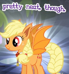 Size: 230x246 | Tagged: safe, gameloft, idw, applejack, bat pony, pony, friendship is magic #33, g4, my little pony: friendship is magic (idw), night of the living apples, spoiler:comic, applebat, bat ponified, braided tail, cropped, female, halloween, holiday, mare, meme, neat, race swap, solo, spread wings, wings, wow! glimmer