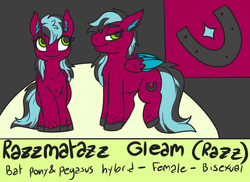 Size: 1024x744 | Tagged: safe, artist:sexygoatgod, oc, oc only, oc:razzmatazz gleam, bat pony, hybrid, pegasus, pony, female, solo