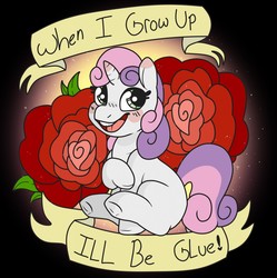 Size: 1273x1280 | Tagged: safe, artist:sexygoatgod, sweetie belle, pony, unicorn, g4, blushing, dark comedy, female, glue, grimcute, grimderp, implied death, solo, we are going to hell