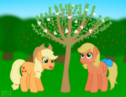 Size: 1500x1151 | Tagged: safe, artist:phallen1, derpibooru exclusive, applejack, applejack (g1), blossom, earth pony, pony, g4, 35th anniversary, apple tree, bow, duo, duo female, female, freckles, generational ponidox, orchard, tail bow, tree